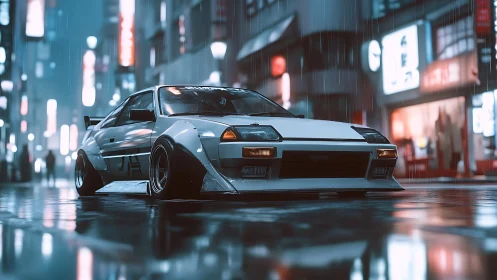 Low-angle drift car render in wet neon-lit urban street scene