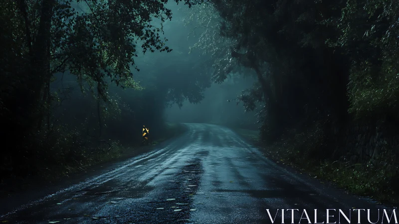 Misty forest road glows softly under a quiet midnight rain.