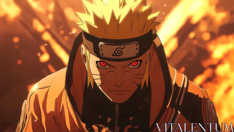 Intense anime ninja portrait with fiery glowing background.