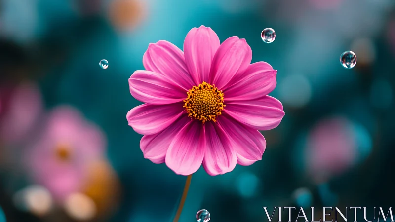 Pink Cosmos Flower with Suspended Water Droplets Against Bokeh Background