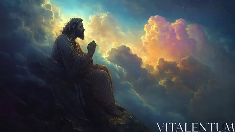Gentle robed figure prays quietly above glowing clouds