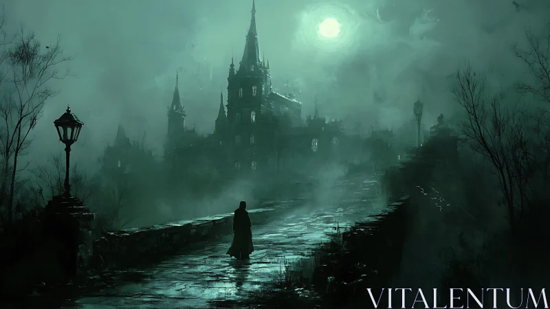 Nocturnal cloaked figure approaching fog-dense gothic citadel.