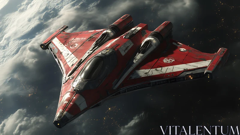Scarlet starfighter skims stormlit clouds above a glowing world.