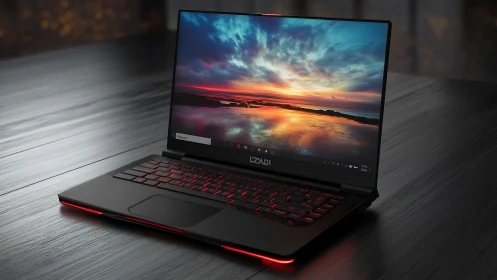 Sleek gaming laptop with sunset display on dark desk.