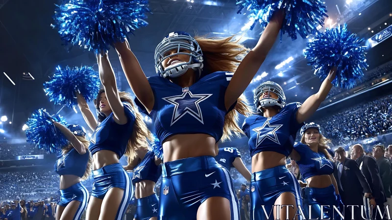 Pom poms ignite a blue stadium storm around helmeted cheerleaders