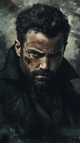 Brooding scarred man in dark coat amid stormy textured haze
