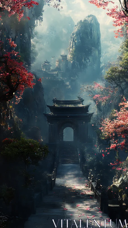 Mistbound mountain temple path beneath drifting blossoms.