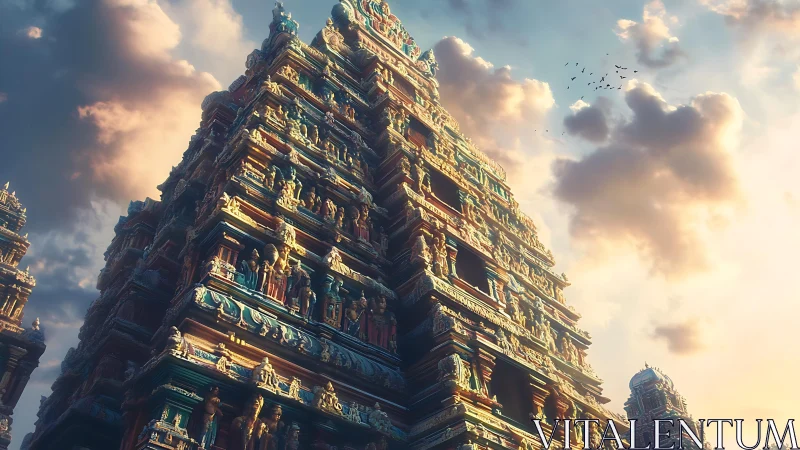 Tiered dravidian temple tower under diffuse evening light.