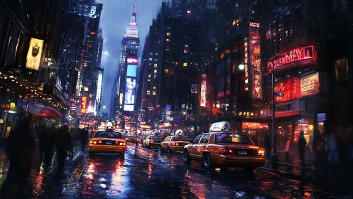 Neon rain turns midnight taxis into moving street lanterns