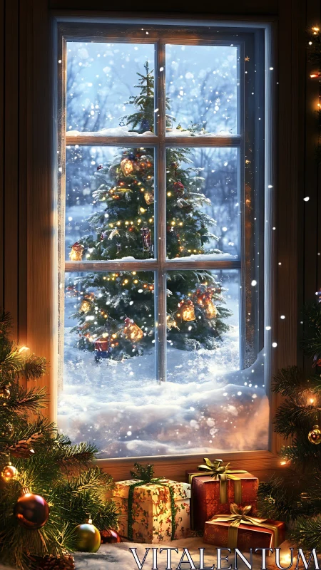 Snowy Christmas tree glows beyond a cozy window frame.
