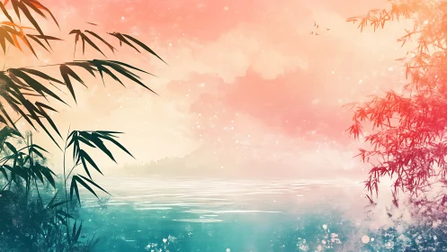 Bamboo silhouettes framing a pastel gradient lakeside horizon.