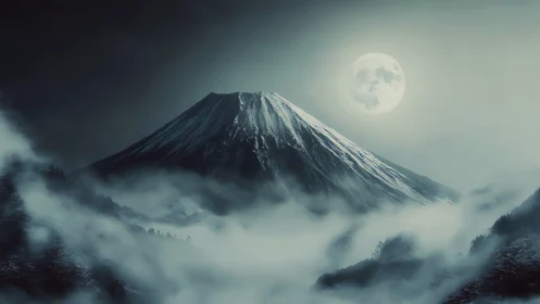 Snowcapped mountain rises through dense moonlit mist