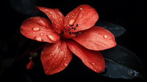 Red Flower with Dew Drops on Dark Background.