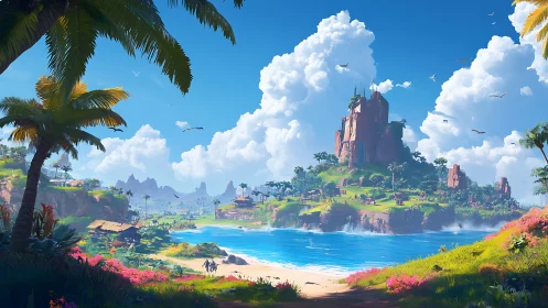 Fantastical island paradise with castle, turquoise waters, beach.