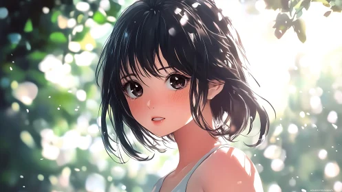 Sunlit anime portrait with soft bokeh forest background.