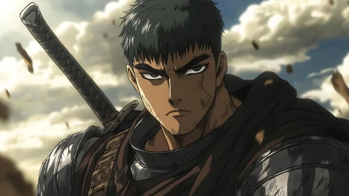 Brooding anime swordsman stands ready beneath stormy skies