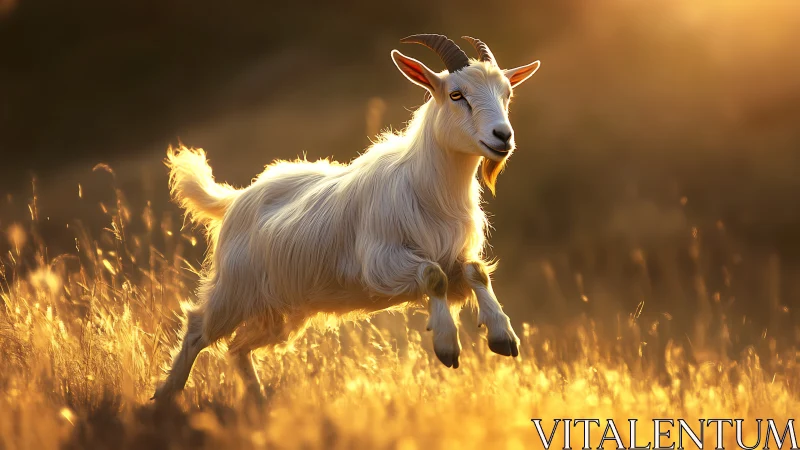 Golden backlit goat leaping through sunlit meadow grasses.