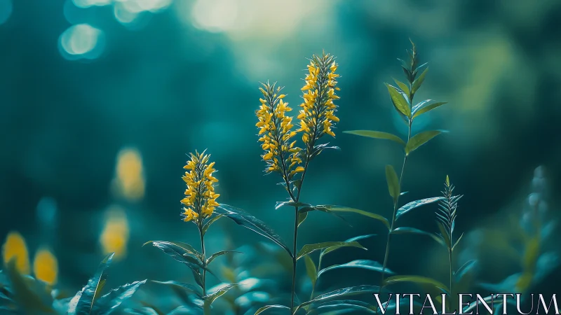 Yellow wildflower spikes stand against a soft teal bokeh field