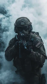 Calm soldier moving through swirling battlefield smoke.