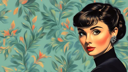 Graceful vintage woman gazes softly against floral teal backdrop