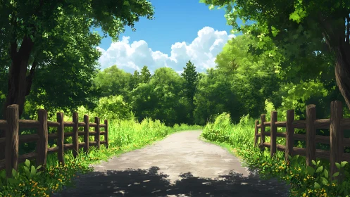 Sunlit rural path framed by dense summer foliage and fence.