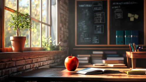 Sunlit classroom still life isolates apple, book and soft DOF