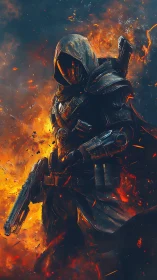 Hooded fireborn warrior striding through embers and smoke.