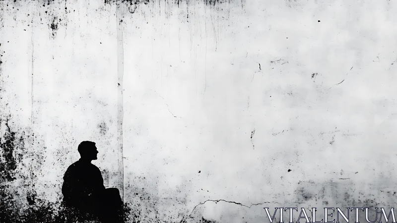 Solitary human silhouette against distressed concrete wall.