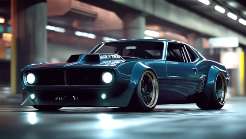 Midnight muscle prowler under neon garage glow, coiled.