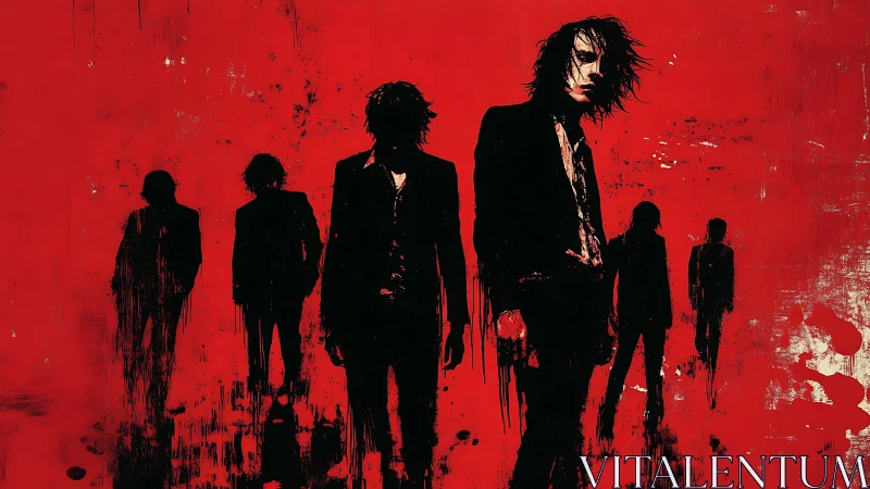 Shadowy suited figures emerge against a violent red haze