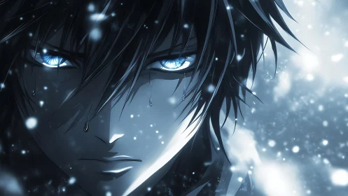 Blue-eyed anime protagonist rendered in high-contrast snowfall