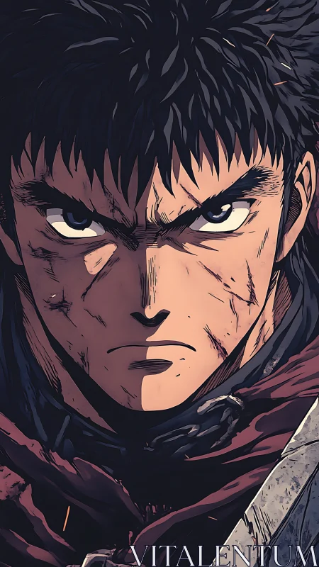 Close frontal portrait of scarred anime warrior in shadow