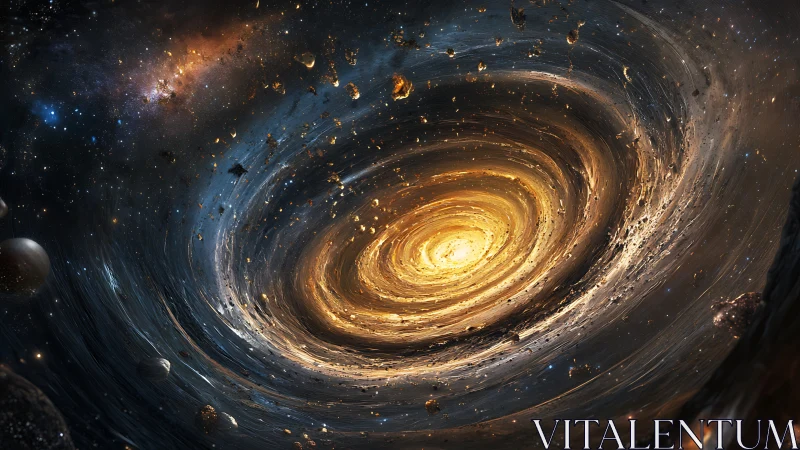 Digital painting of luminous galactic vortex with debris field.