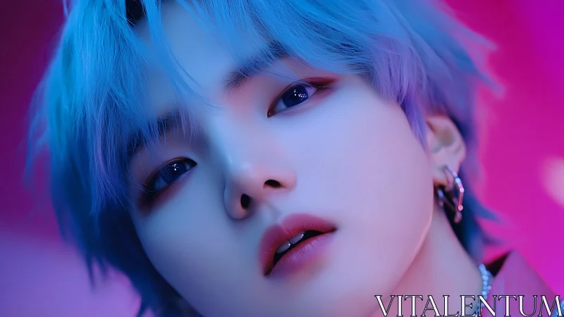 Dreamy blue-haired portrait in glowing neon light.