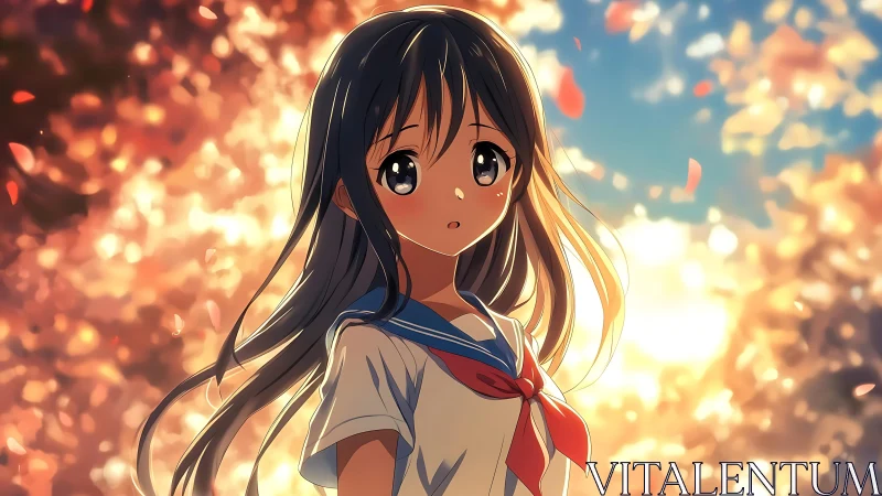 Sunlit petals drift around a shy anime schoolgirl’s gaze.
