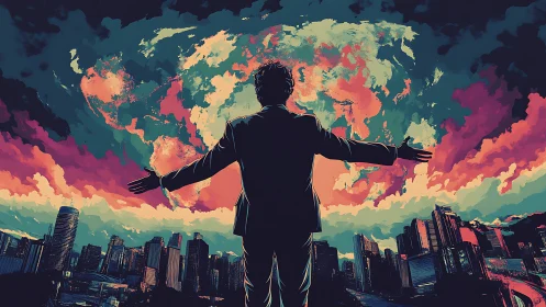 Bold dreamer embraces a glowing world above the cityscape.