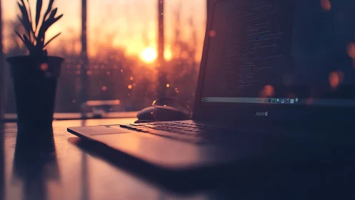 Sunset code glow over a quiet laptop workspace window.