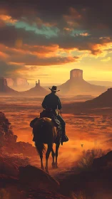 Sunlit cowboy rides into a vast glowing desert horizon