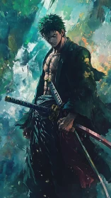 Battle-worn swordsman rendered in dynamic anime brushwork
