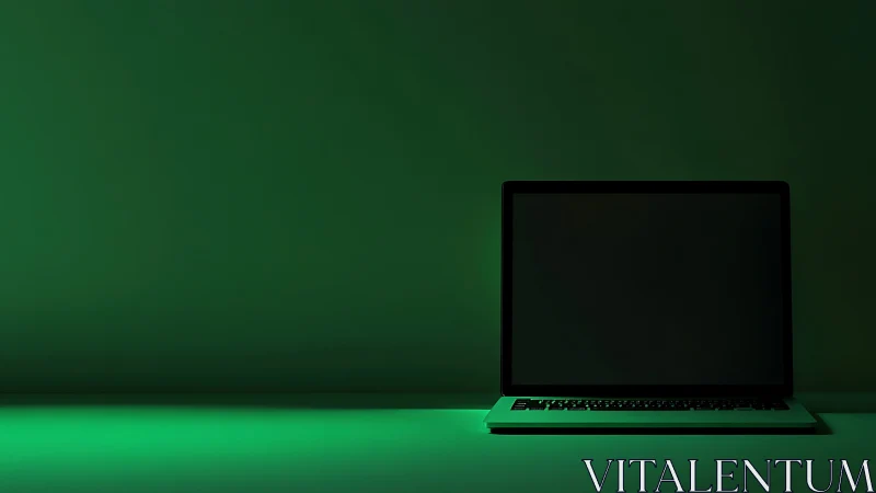 Closed laptop computer sits on flat surface in green light
