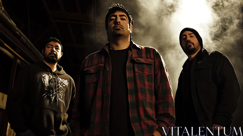 Rock trio under cinematic backlight in industrial haze.