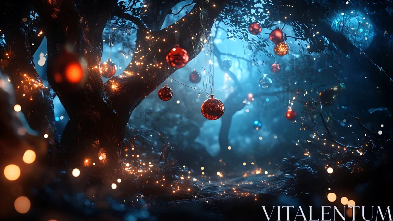 Enchanted forest tunnel rendered with luminous baubles and bokeh
