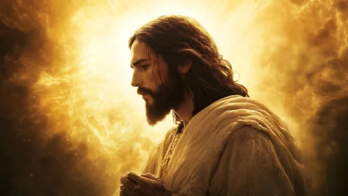 Portrait of bearded robed man in radiant golden halo light.