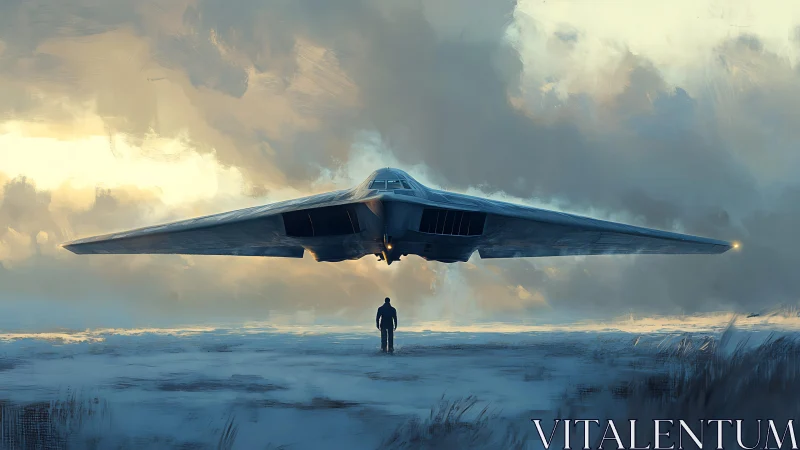 Stealth bomber silhouette over frozen tundra at dusk sky.