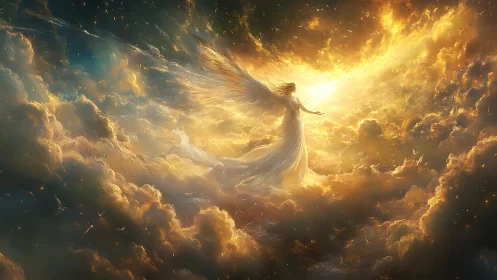 Winged figure rises through glowing clouds toward radiant light