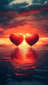 Two luminous hearts positioned on reflective water surface beneath dramatic sunset sky.