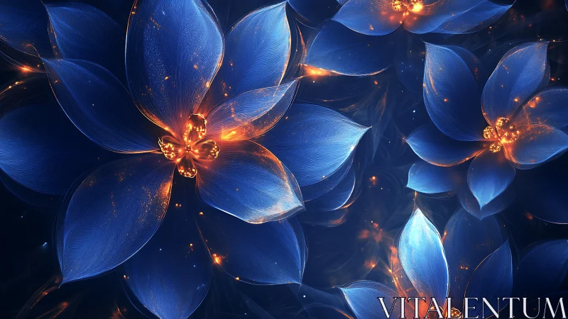 Digital render of luminous blue flowers on dark background.