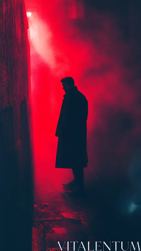 Solitary figure pauses in neon red fogged alley at night