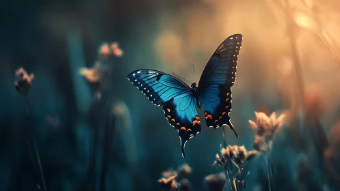 Luminous blue butterfly hovering in dreamy dusk meadow.