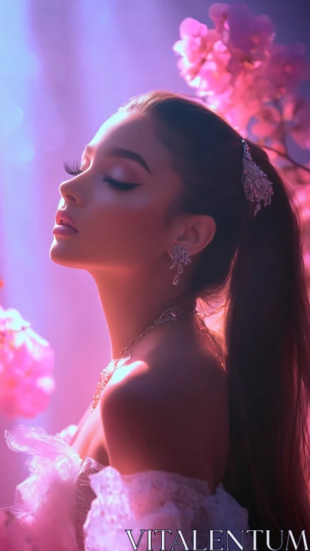 Side profile portrait of woman in pink floral light setting.